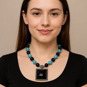 Vintage GSJ 925 Sterling Black Onyx and Turquoise Pendant Necklace